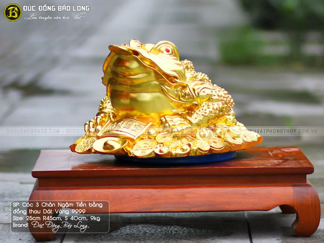 cóc ba chân ngậm tiền bằng đồng thau dát vàng 9999