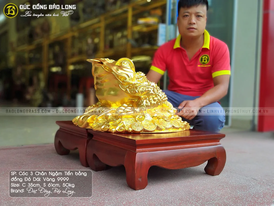 cóc ngậm tiền bằng đồng đỏ dát vàng 9999 cao 35cm