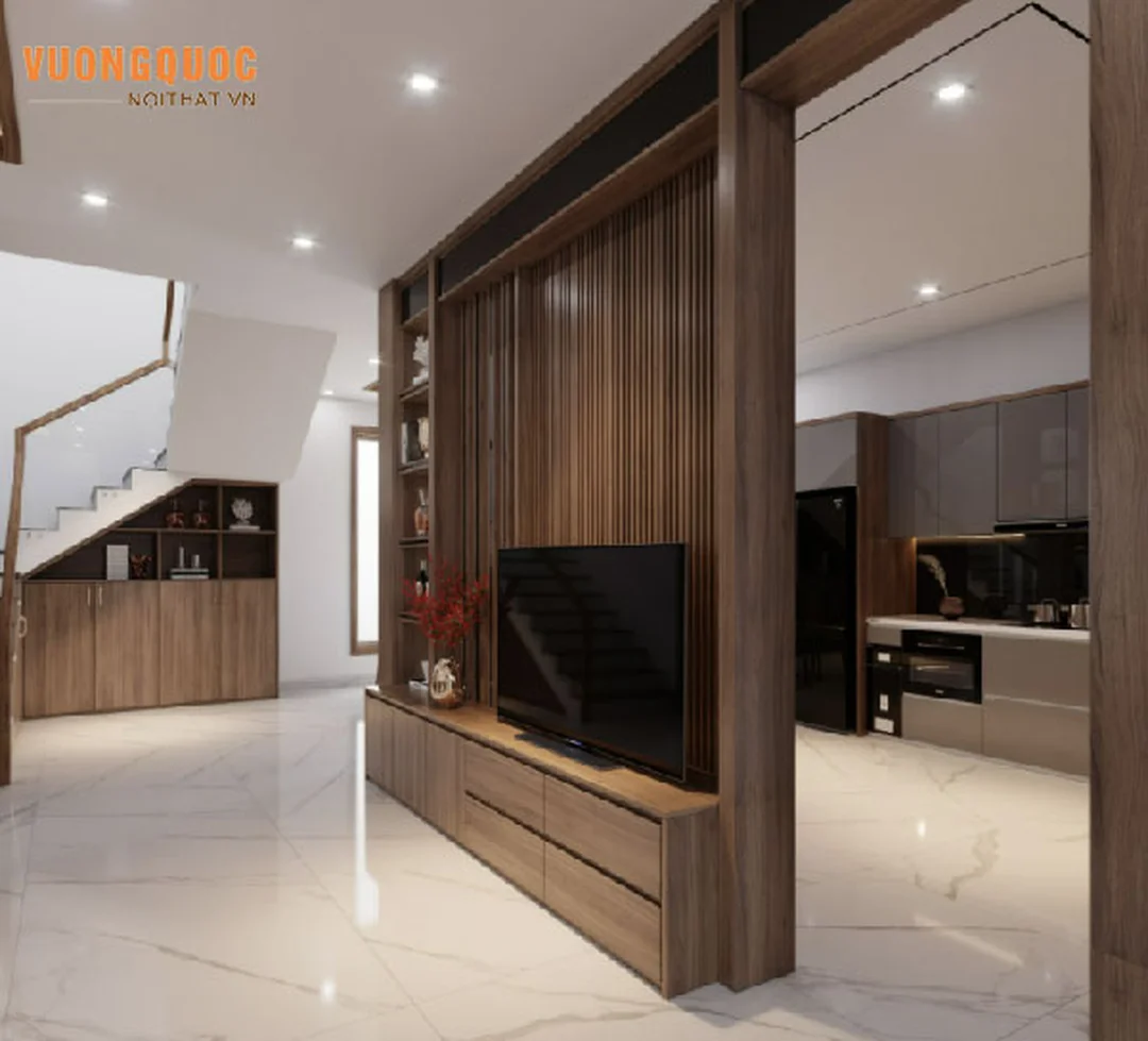 đồ gỗ phong thủy phòng khách với vách ngăn lam gỗ