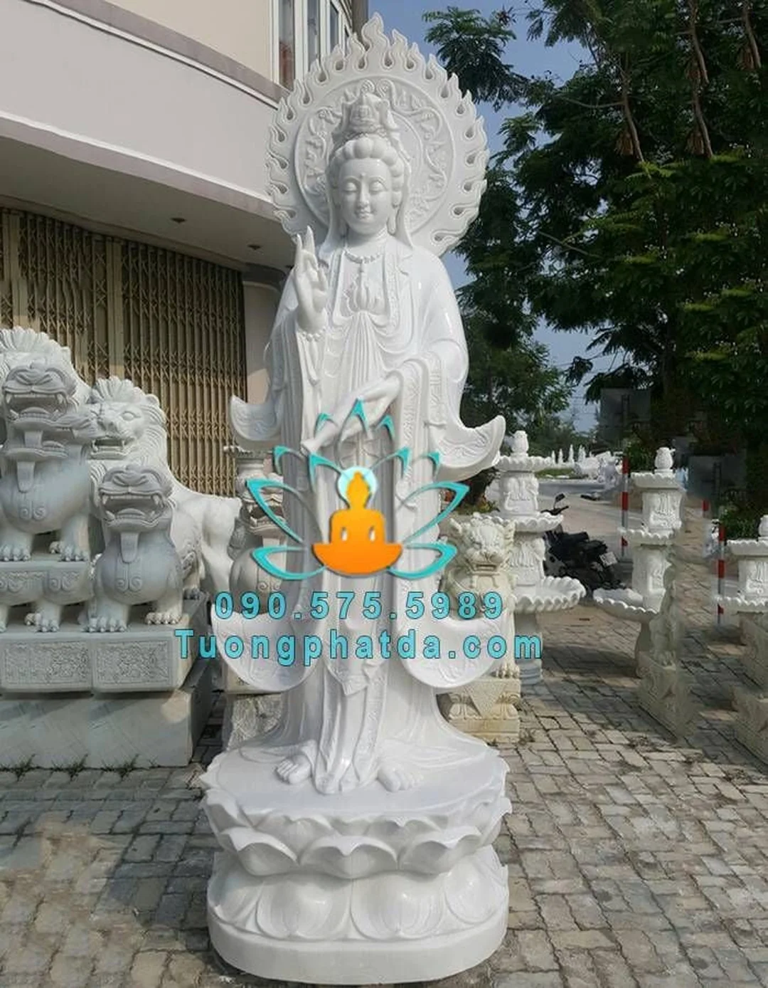 giá tượng quan âm bồ tát bằng đá cẩm thạch trắng