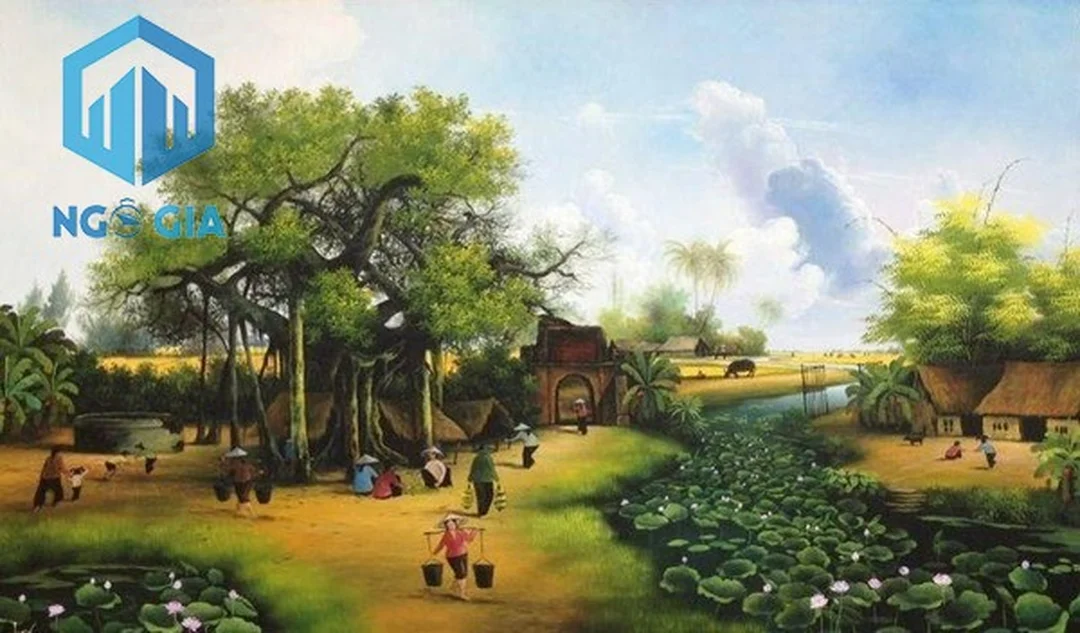phong thủy bàn làm việc cho người mệnh hỏa với tranh đồng quê phía sau