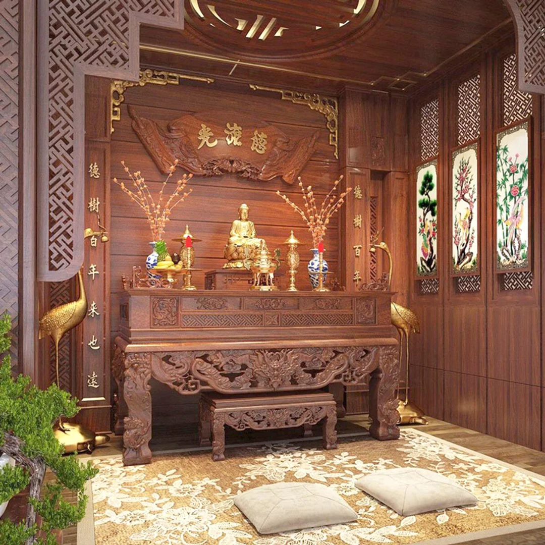phong thủy bàn thờ gia tiên trong không gian thờ gỗ trang nghiêm