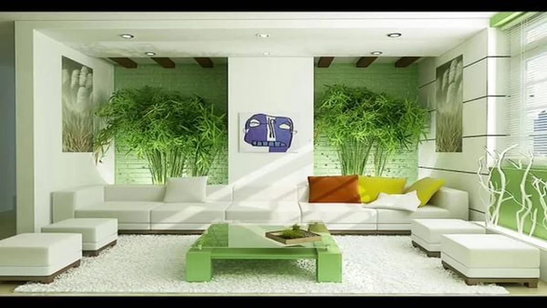 phong thủy phòng khách cho người mệnh mộc với sofa xanh và gỗ tự nhiên