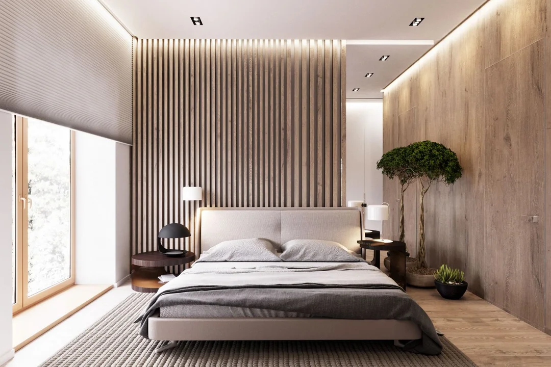 phong thủy phòng ngủ vợ chồng với giường đặt cân đối trong không gian sáng thoáng