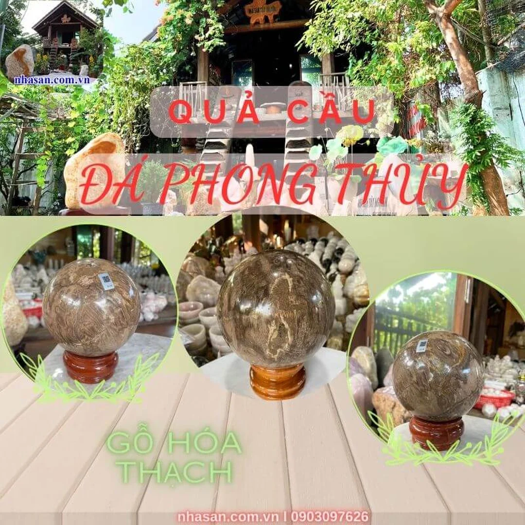 quả cầu đá phong thủy gỗ hóa thạch màu nâu tự nhiên