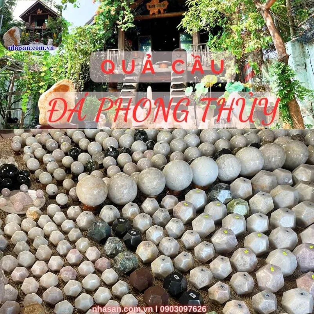 quả cầu đá phong thủy nhiều màu đặt trên đế gỗ