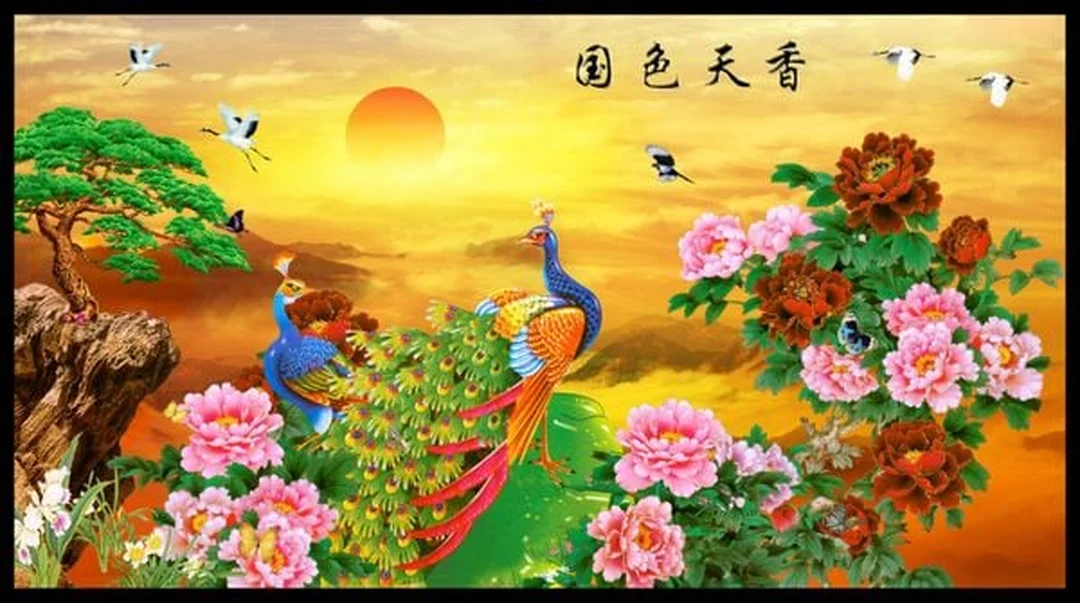 tranh phong thủy mệnh thổ chim công hoa mẫu đơn