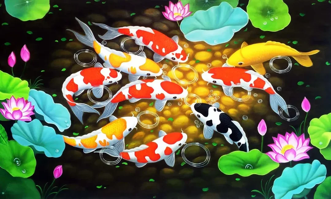 Tranh phong thủy phòng khách cửu ngư quần hội tranh phong thủy phòng khách cửu ngư quần hội hợp phòng khách