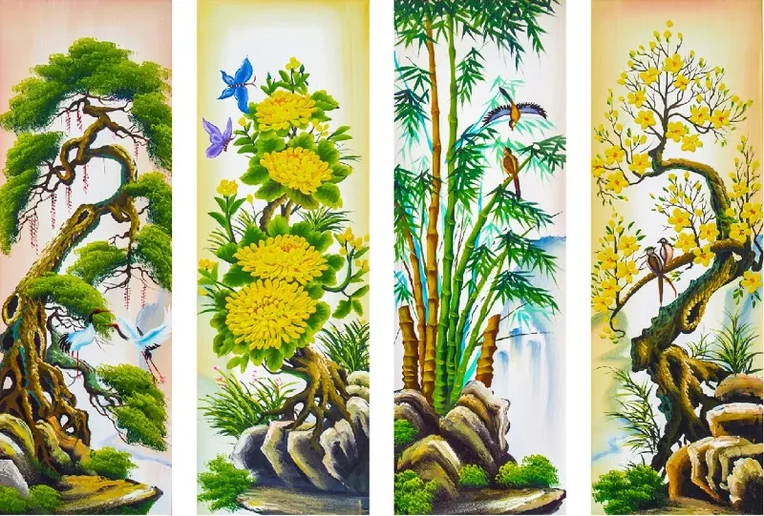 Tranh phong thủy phòng khách tứ quý tranh phong thủy phòng khách tứ quý tùng cúc trúc mai