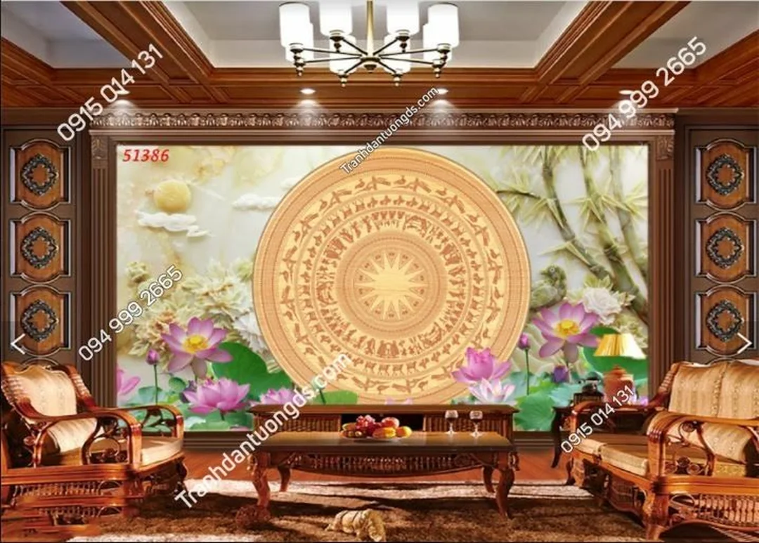 tranh trống đồng phong thủy phòng khách treo sau sofa