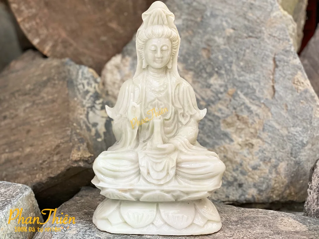 tượng quan âm bằng đá cẩm thạch ngồi đài sen
