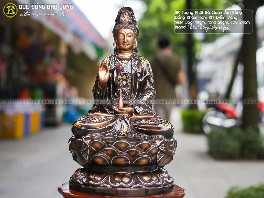 Tượng Quan Âm bằng đồng khảm điểm vàng tượng quan âm bằng đồng cao 48cm khảm điểm vàng