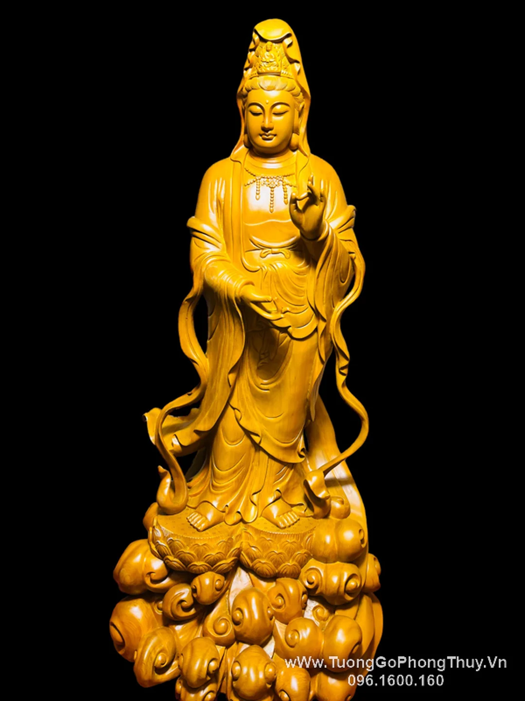 Tượng Quan Âm gỗ đứng đài sen tượng quan âm gỗ đứng đài sen trang nghiêm