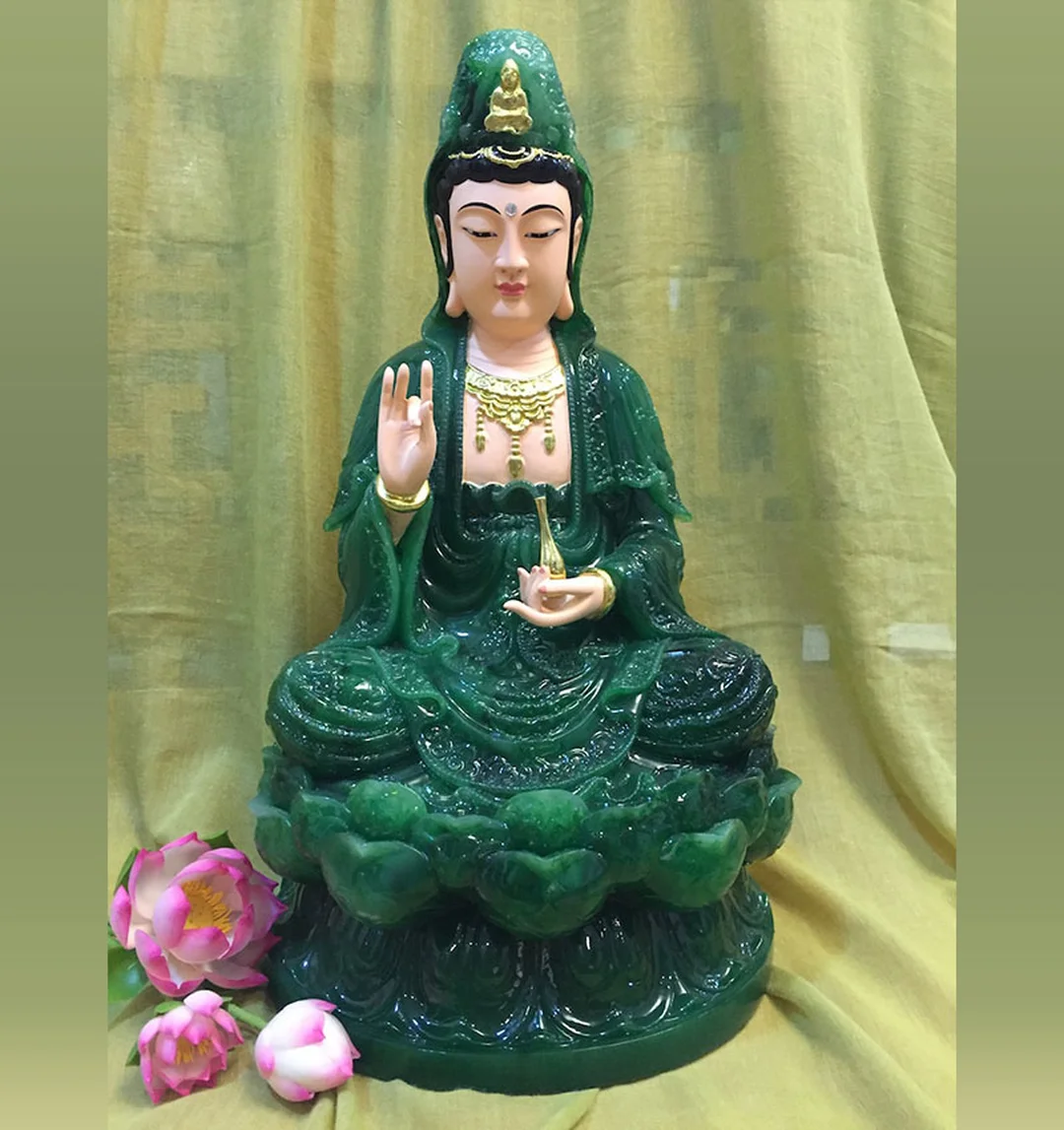 tượng quan âm ngồi ngọc bích nhỏ trên đài sen