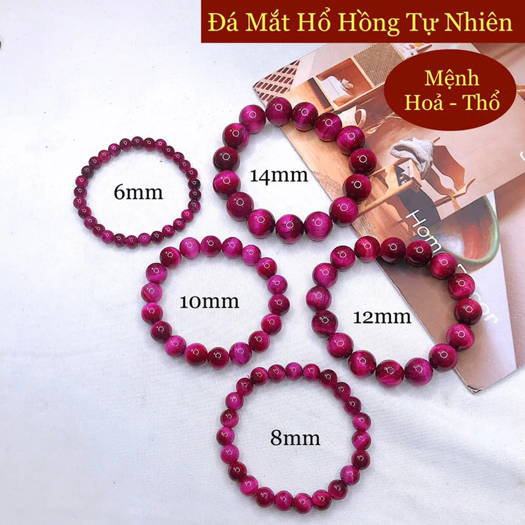 vòng tay đá mắt hổ hồng dạng chuỗi hạt bóng