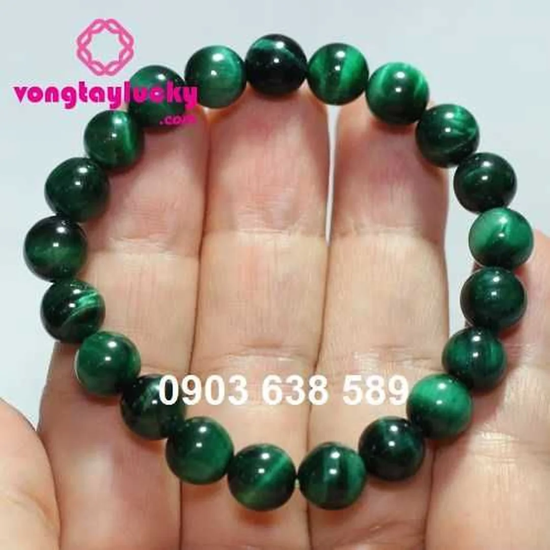 Vòng tay đá mắt hổ xanh lục dạng chuỗi hạt phong thủy