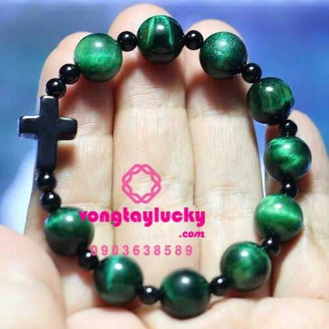 Vòng tay đá mắt hổ xanh lục hạt tròn bóng cho người mệnh Mộc