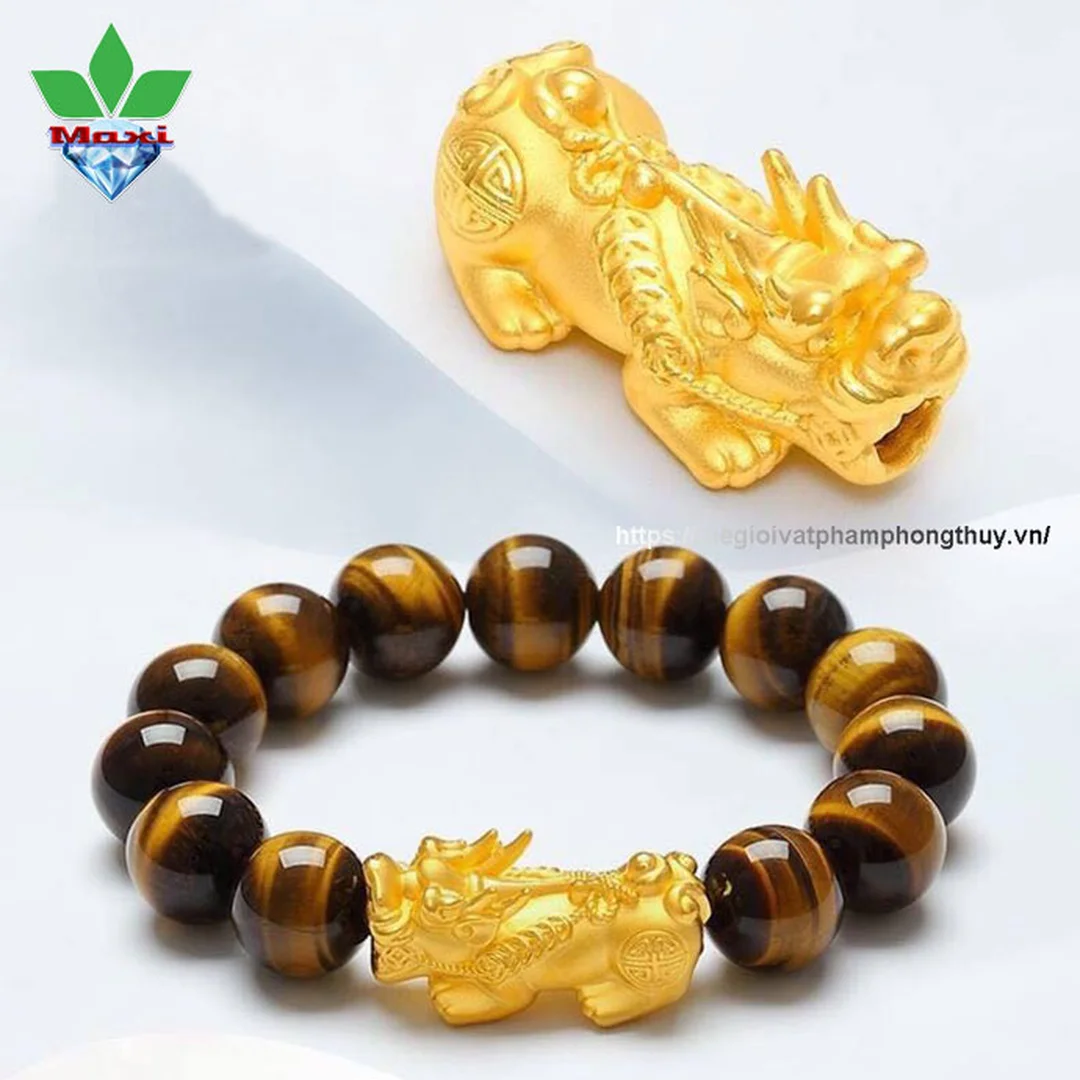 vòng tay mắt hổ nâu vàng charm tỳ hưu vàng