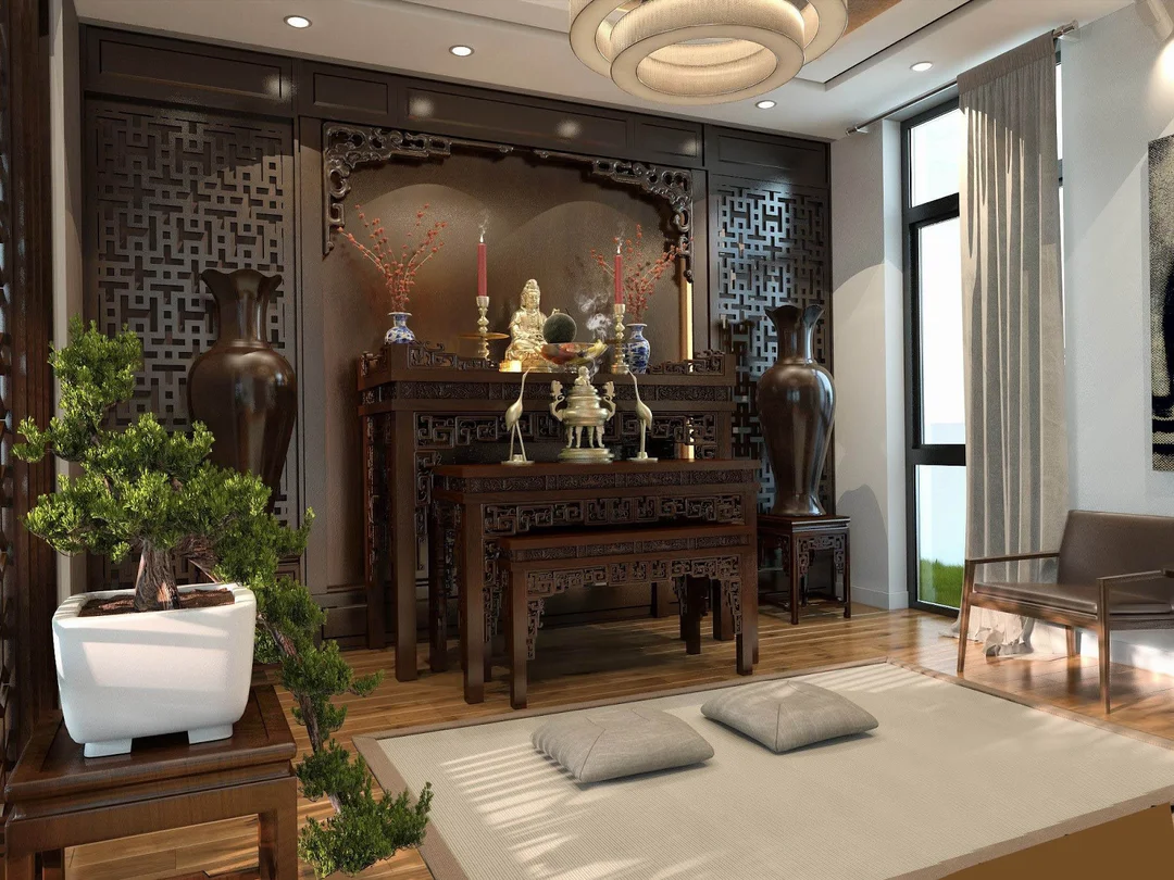 xem phong thủy bàn thờ với không gian phòng thờ trang nghiêm