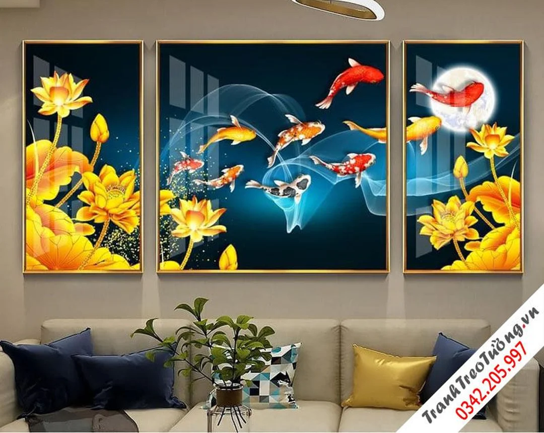 Tranh cửu ngư quần hội hợp phòng khách người mệnh Thủy tranh phong thủy phòng khách cho người mệnh thủy cửu ngư quần hội