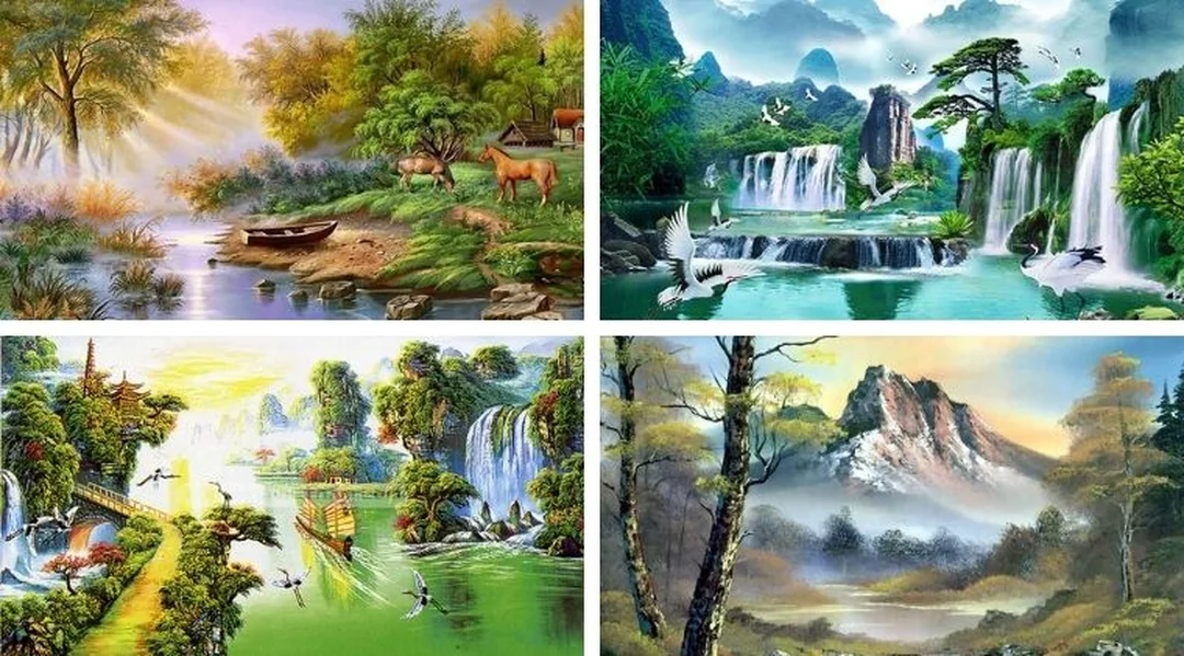 Tranh sơn thủy hiện đại cho người mệnh Thủy tranh phong thủy phòng khách cho người mệnh thủy sơn thủy hiện đại